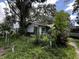 Shows the exterior of the dilapidated one story home surrounded by trees and overgrown foliage at 2026 Seminole S Blvd, St Petersburg, FL 33705
