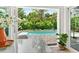 Picture perfect view of pool and garden from bright, airy dining room at 2460 Hillview St, Sarasota, FL 34239