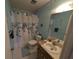 Bright bathroom with a vanity, shower with curtain, and coastal-themed decor at 3237 Pine Haven Dr, Clearwater, FL 33761