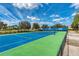 Bright blue and green tennis court with net, surrounded by trees and fencing in a sunny community at 4654 Claremont Park Dr, Bradenton, FL 34211