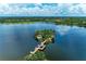 Breathtaking aerial view of a lake featuring a scenic island, pier, and lush surrounding landscape at 6536 Moorings Point Cir # 101, Lakewood Ranch, FL 34202