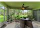 Relaxing screened patio with ceiling fan, stylish outdoor furniture, and view of lush green common area at 6536 Moorings Point Cir # 101, Lakewood Ranch, FL 34202