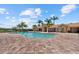 Community pool with ample seating surrounded by palm trees, offering a tropical and relaxing atmosphere at 11550 Blackfin St, Venice, FL 34292