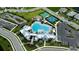 The aerial shot shows the community pool, park, and tennis court with trees and surrounding neighborhoods at 18068 Cherished Loop, Bradenton, FL 34211