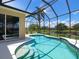 Inviting pool with a screened enclosure, set against a backdrop of lush greenery and a tranquil lake at 280 Dahlia Ct, Bradenton, FL 34212