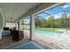 Inviting screened-in pool area with comfortable seating, perfect for outdoor relaxation and entertaining with lush green landscape view at 731 116Th Ne Ct, Bradenton, FL 34212