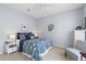 Cozy bedroom with blue and white patterned bedding, neutral walls, and a ceiling fan at 5241 Grand Palmetto Way, North Port, FL 34291