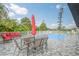 Outdoor pool area with tile flooring, umbrella-covered table, and comfortable outdoor seating; a backyard oasis at 25 Caddy Rd, Rotonda West, FL 33947