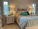 Comfortable bedroom with a striped comforter, throw pillows, and two side tables with lamps at 3202 Meadow Run Dr, Venice, FL 34293