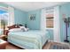 Cozy bedroom with light blue walls and striped bedding at 817 E 6Th St, Englewood, FL 34223