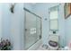 Well-lit bathroom with a glass-enclosed shower and a whimsical decorative toilet seat at 8242 Lakeside Dr, Englewood, FL 34224