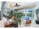Cozy sunroom with large windows overlooking the pool and a variety of plants and wicker furniture at 8242 Lakeside Dr, Englewood, FL 34224