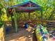 A rustic gazebo provides a shady retreat overlooking a private canal for relaxation and peaceful contemplation at 500 Woodstork Ln, Punta Gorda, FL 33982