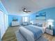 Well-lit bedroom with a coastal theme, ceiling fan, and an accent wall at 6642 Acacia Ct, North Port, FL 34287