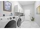 Laundry room with modern white cabinets, granite countertops and stainless steel appliances at 3415 Tripoli Blvd, Punta Gorda, FL 33950