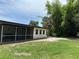 A view of the home's backyard, featuring a screened-in patio and lush landscaping around the perimeter at 432 Olivia Rd, Venice, FL 34293