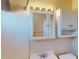 Bathroom with a white tiled shower, medicine cabinet, lighting fixture, sink and toilet at 21456 Holdern Ave, Port Charlotte, FL 33952