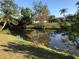 Backyard view of a pond with abundant foliage surrounding the water feature at 21363 Cottonwood Ave, Port Charlotte, FL 33952
