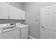 Bright laundry room features modern washer and dryer, with white cabinets for ample storage at 2892 Myakka Creek Ct, Port Charlotte, FL 33953