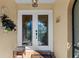 Elegant double front doors with decorative glass panels, complemented by a textured wall and greenery at 1225 Neapolitan Rd, Punta Gorda, FL 33983