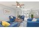 Cozy living room with bright blue seating arrangement centered around a round wooden coffee table at 1334 Via Milanese, Punta Gorda, FL 33950