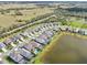 An aerial view of a neighborhood with lush green landscaping and a serene lake at 10112 Canaveral Cir, Sarasota, FL 34241