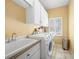 Bright laundry room featuring white cabinets, utility sink and modern washer and dryer at 1336 Casey Key Dr, Punta Gorda, FL 33950