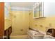 A vintage bathroom featuring a tile tub, vanity, and a medicine cabinet, ready for renovation at 231 Winson Ave, Englewood, FL 34223