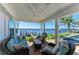 Waterfront patio with wicker furniture, ceiling fan, and views of the pool and private dock at 3790 Peace River Dr, Punta Gorda, FL 33983