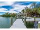 A serene waterfront view of a dock with a boat lift, palm trees, and lush greenery at 75 Spyglass Aly, Placida, FL 33946