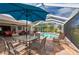 Screened-in pool patio with a blue umbrella, dining table, and chairs for outdoor dining at 380 Concordia St, Punta Gorda, FL 33983