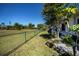 This backyard features a manicured lawn, mature trees, and a chain link fence at 26089 Templar Ln, Punta Gorda, FL 33983
