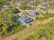 Overhead shot of blue home with screened pool and fenced backyard surrounded by lush trees at 1563 Arundel Ave, North Port, FL 34288