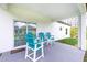 A covered patio with four chairs, sliding glass door, and a view of the backyard at 1384 Alpinia Rd, North Port, FL 34288
