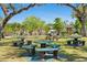 Community picnic area with multiple tables, benches, and lush landscaping near the pool at 19505 Quesada Ave # F103, Port Charlotte, FL 33948