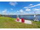 Scenic waterfront view with chairs, dock, and boat lift at 2308 Harbour Dr, Punta Gorda, FL 33983