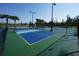 A close-up of the vibrant blue and green pickleball courts, perfect for active community fun at 25325 E Lenox Cir, Punta Gorda, FL 33950