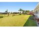 Large backyard with green grass, palm trees, and a partially obstructed view of surrounding properties at 25730 Deep Creek Blvd, Punta Gorda, FL 33983
