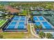 Aerial view of blue pickle ball courts in the Sarasota National community, featuring lush tropical landscaping at 10357 Crooked Creek Dr, Venice, FL 34293