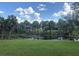 A picturesque backyard view featuring a pond and tropical palm trees underneath a bright blue sky at 1182 Yorkshire St, Port Charlotte, FL 33952
