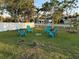 Lush backyard setting with Adirondack chairs arranged around a fire pit, perfect for outdoor entertaining at 23442 Harper Ave, Punta Gorda, FL 33980