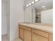 Bathroom featuring a light wood vanity, large mirror, and a walk-in shower at 1156 Jonah Dr, North Port, FL 34289