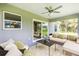 A cozy screened patio features plush seating, a modern coffee table, and views of the serene backyard at 5354 Wagon Wheel Dr, North Port, FL 34291