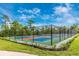 Outdoor pickleball court featuring a vibrant color scheme, professional fencing, and manicured landscaping, ideal for recreational fun at 17420 Jadestone Ct, Venice, FL 34293