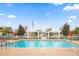 Community pool surrounded by well-maintained landscaping and an American flag waving in the background at 1940 Scarlett Ave, North Port, FL 34289