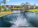 Beautiful lake view with fountain, walking bridge, and lush landscaping surrounding the community buildings at 23465 Harborview Rd # 915, Punta Gorda, FL 33980