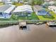 Aerial view of the homes, a nearby pier, and a canal behind the houses at 724 Blackburn Blvd, North Port, FL 34287