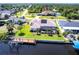 Aerial view highlighting a waterfront property with private dock,solar panels, a screened lanai, and easy canal access at 12676 Bacchus Rd, Port Charlotte, FL 33981