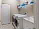 Convenient laundry room equipped with a washer, dryer, utility sink and shelving at 2363 Jasmine Way, North Port, FL 34287