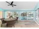 View from dining area features backyard pool views through large sliding glass doors, seating four around a wooden table at 2244 Meetze St, Port Charlotte, FL 33953